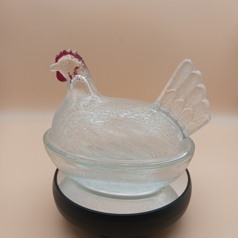 Indiana Glass Clear Hen on Nest Beadless Nest Red Paint Accents Candy Dish - Picture 9 of 13